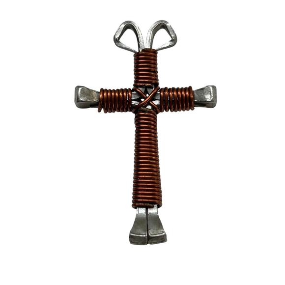 Silvertone and Copper Color Wrapped Cross Pendant Funky 1.75" - Picture 7 of 7